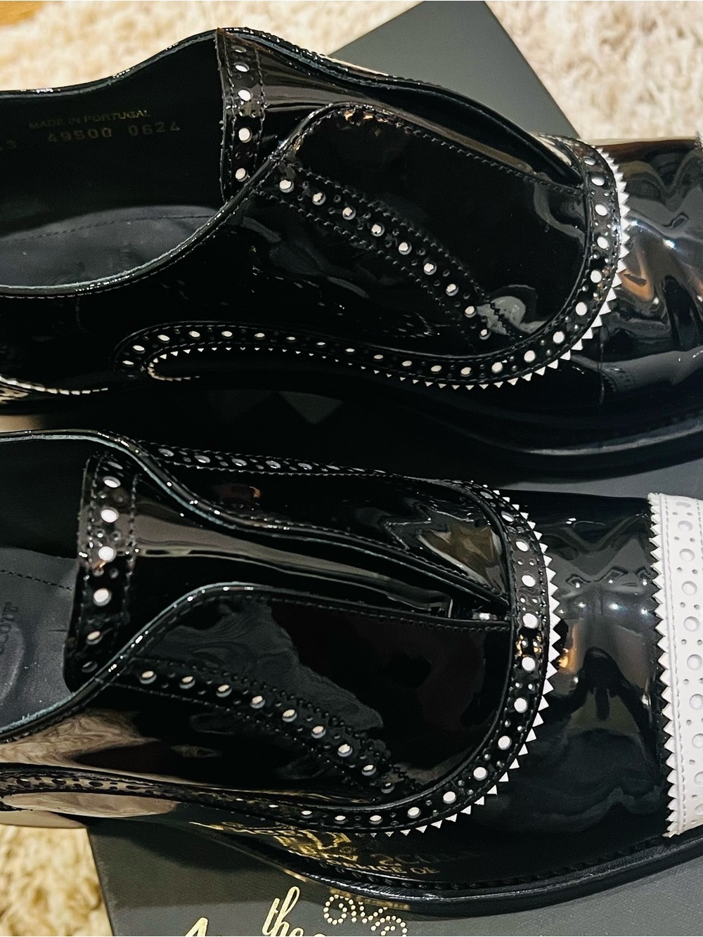 Miss Mae Black and White Patent Slip-On Heeled Loafers